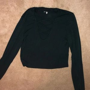 Dark Green Long Sleeve Crop Top - High Neck